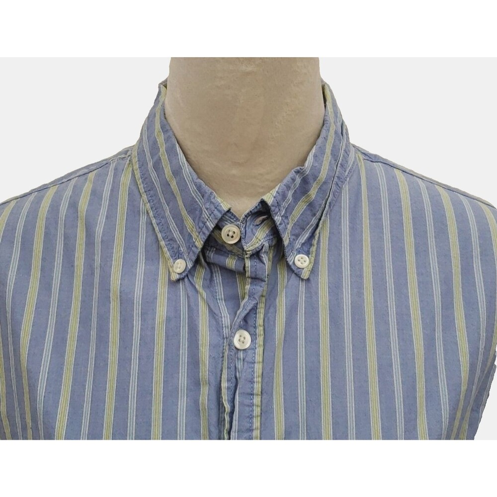 Cherokee Blue and Green Striped Long Sleeve Button Down Men's Shirt, Size Medium